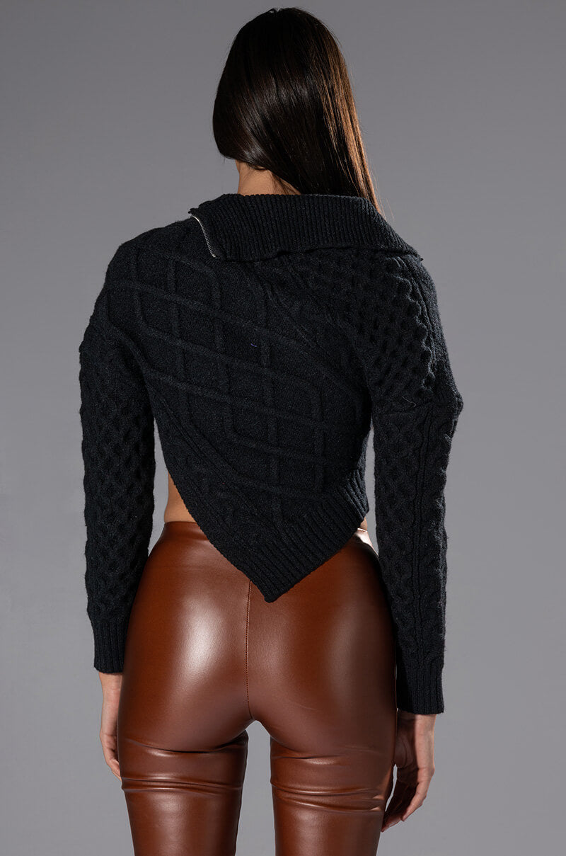 REBELLING CABLEKNIT ASYMMETRICAL ZIPPER SWEATER