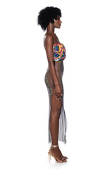 RENNAISANCE FLORAL RHINESTONE MESH MAXI DRESS