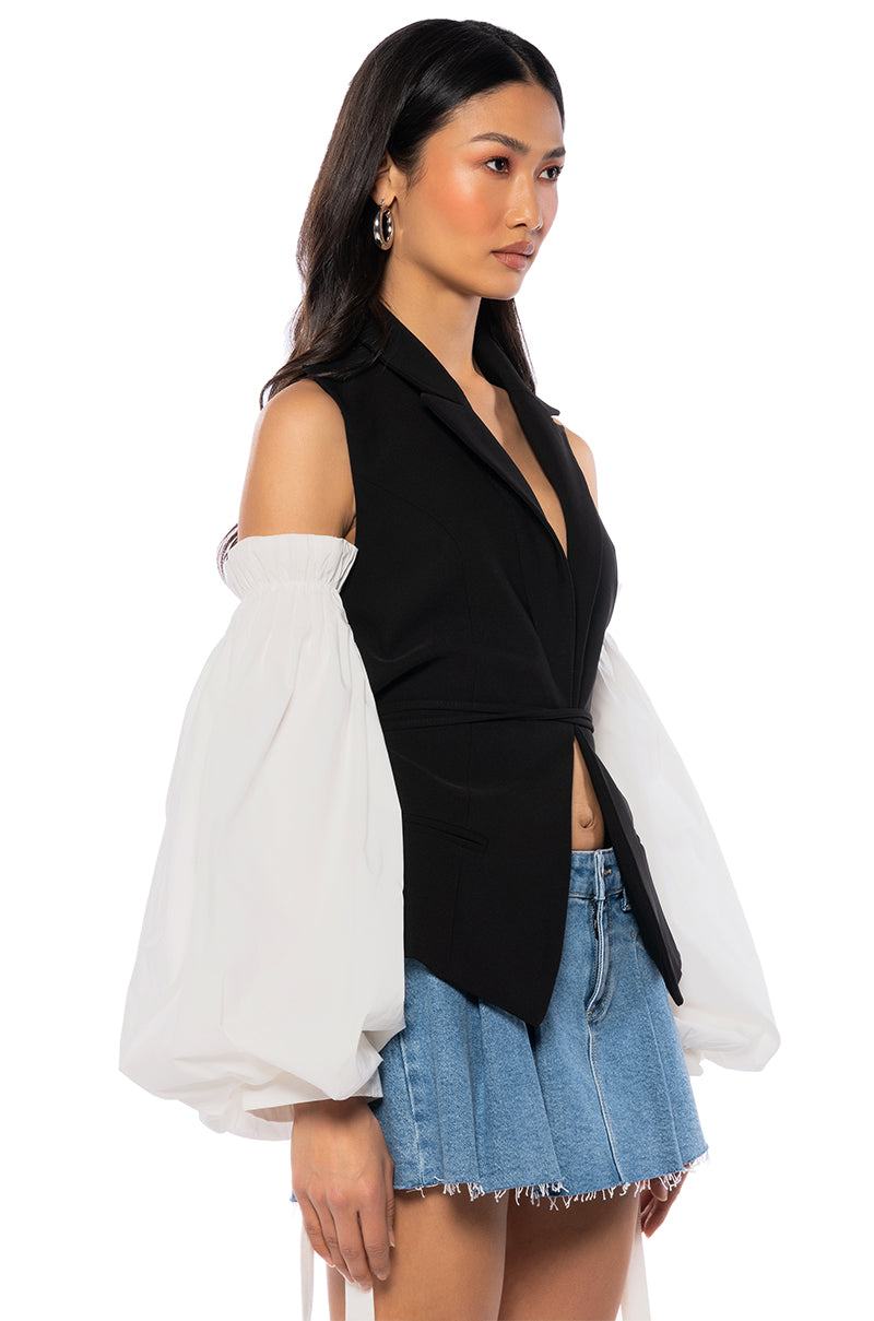 RENN GIRL OPEN BACK VEST WITH OFF SHOULDER PUFF SLEEVES