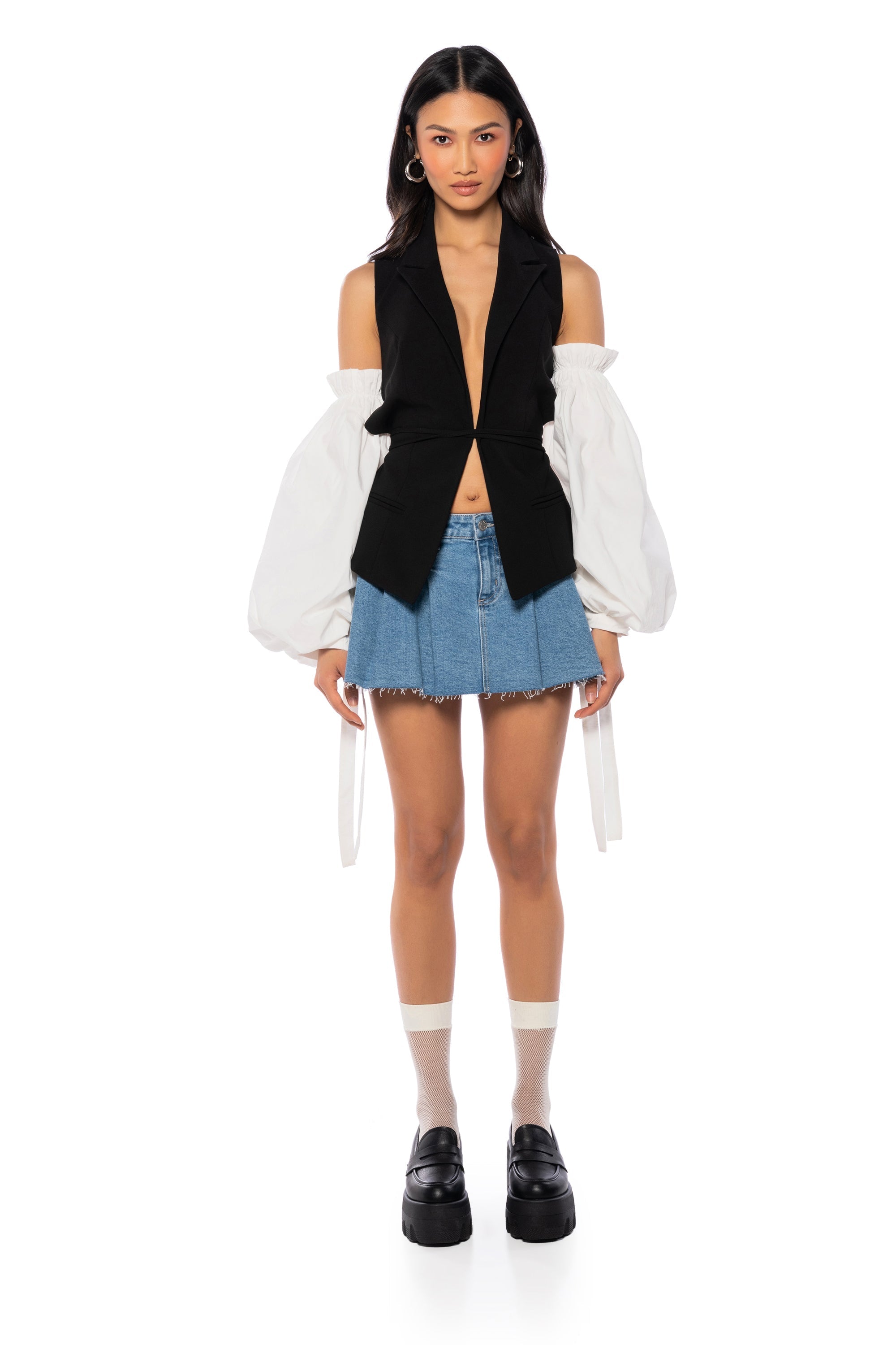 RENN GIRL OPEN BACK VEST WITH OFF SHOULDER PUFF SLEEVES