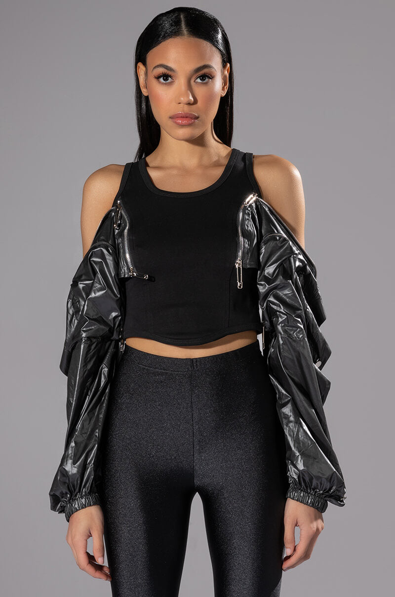 RIDE FOR YOU PU SLEEVE ZIPPER DETAIL TOP