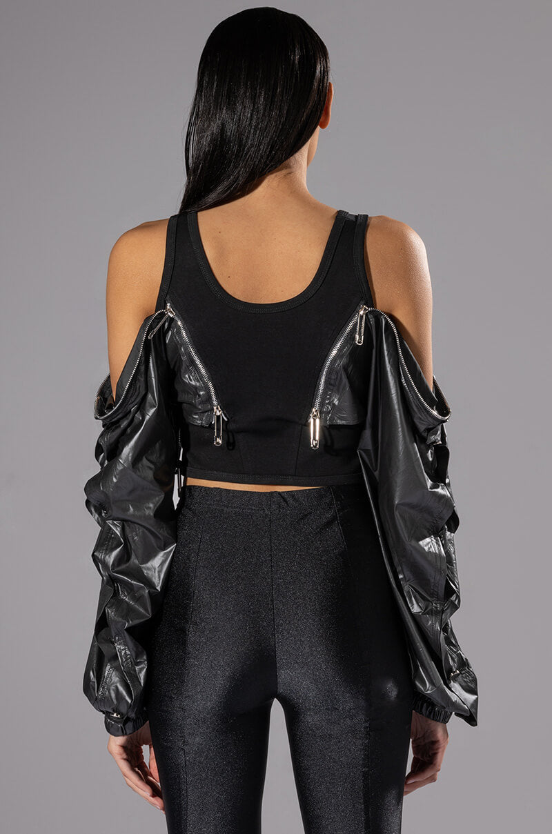 RIDE FOR YOU PU SLEEVE ZIPPER DETAIL TOP