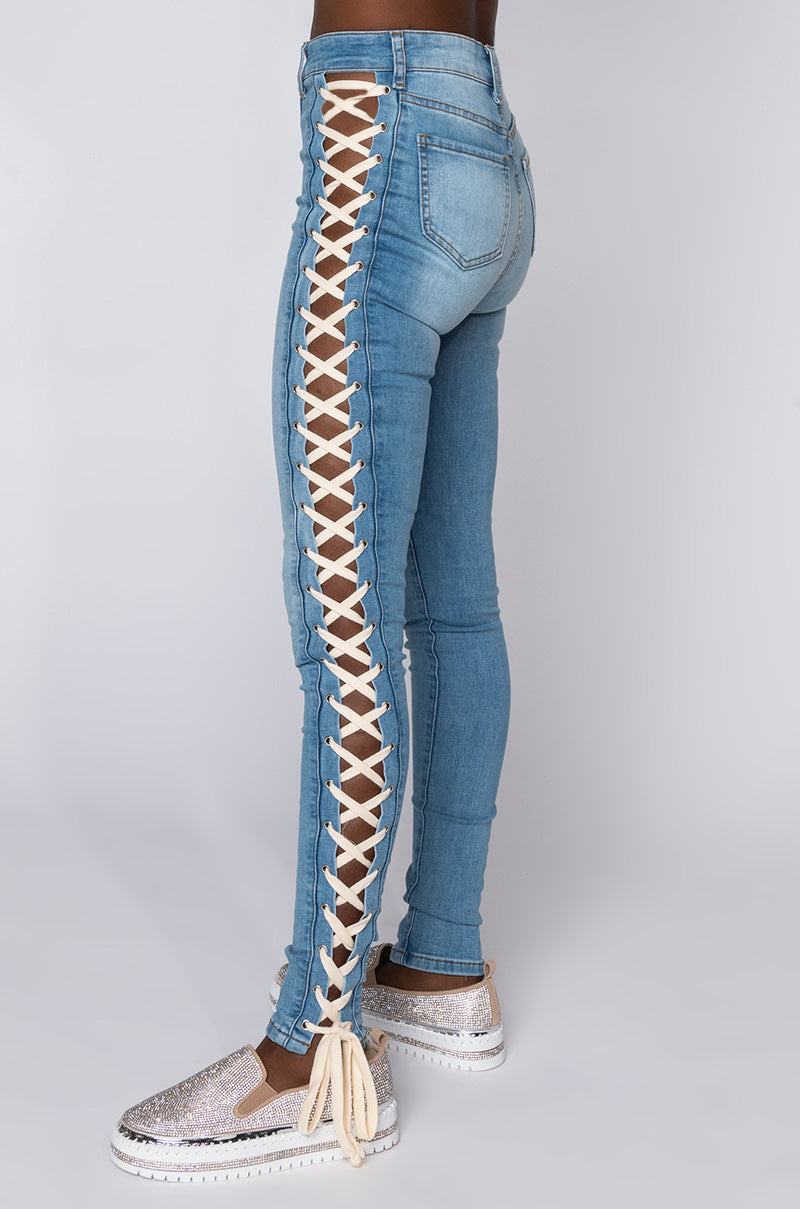 ROCK THE RUNWAY LACE UP SKINNY JEANS