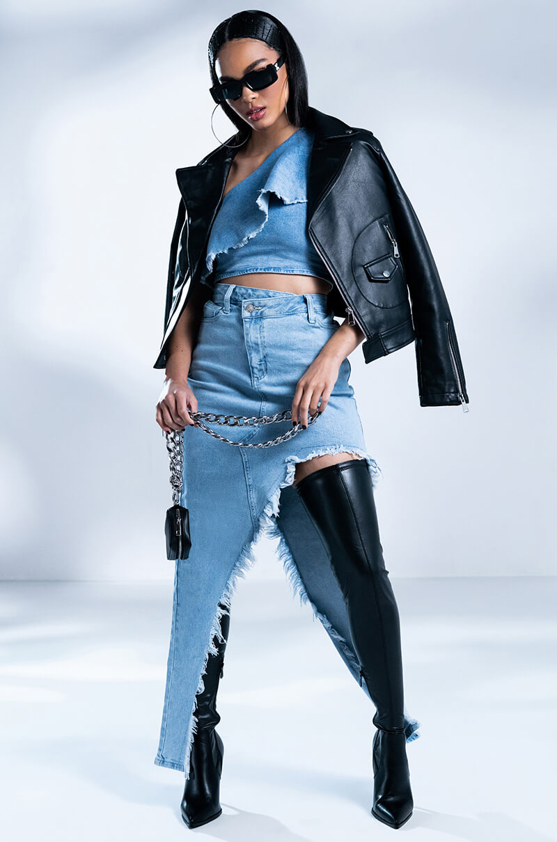 ROMANTIC WALKS CROPPED ONE SHOULDER DENIM BLOUSE