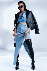 ROMANTIC WALKS CROPPED ONE SHOULDER DENIM BLOUSE