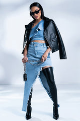 ROMANTIC WALKS CROPPED ONE SHOULDER DENIM BLOUSE