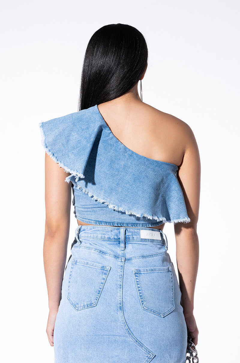 ROMANTIC WALKS CROPPED ONE SHOULDER DENIM BLOUSE