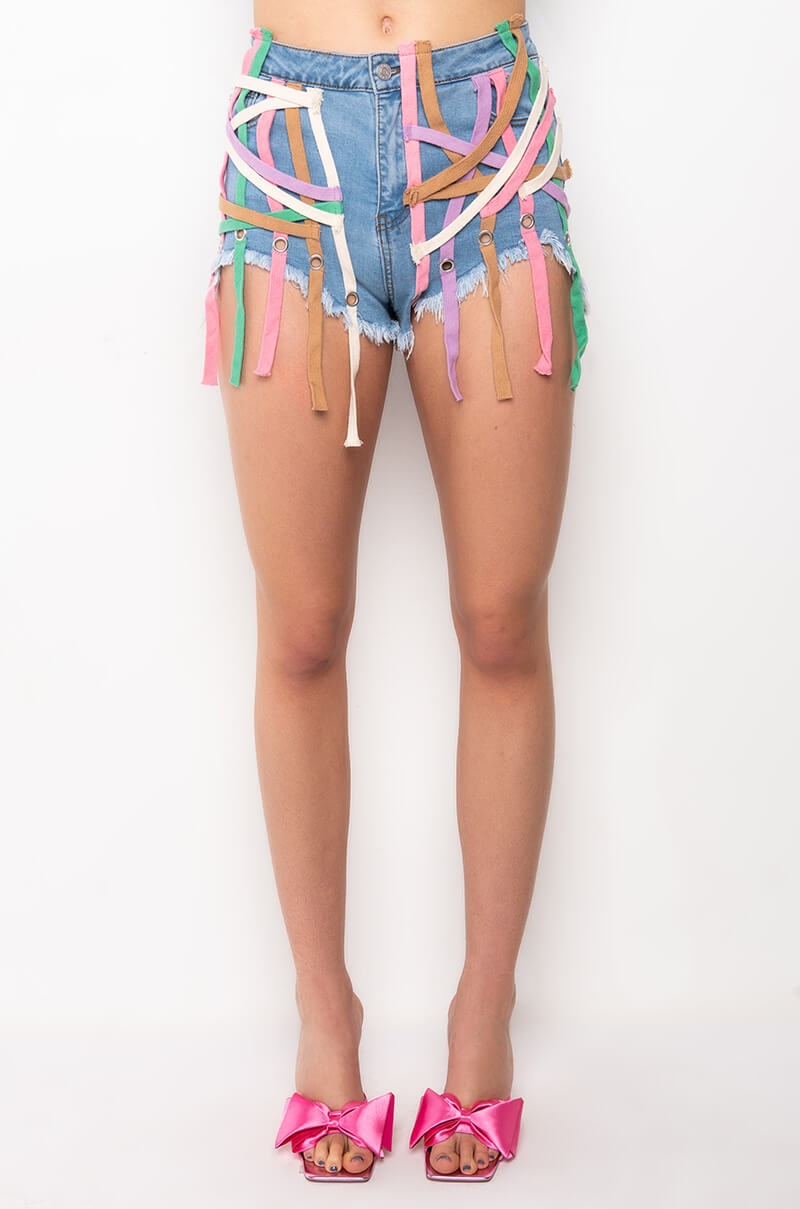 ROUGH AROUND THE EDGES STRING DETAIL HIGH RISE DENIM SHORT