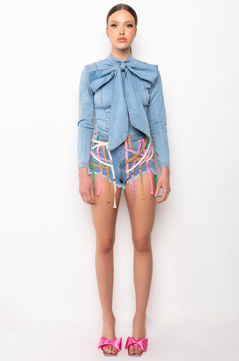 ROUGH AROUND THE EDGES STRING DETAIL HIGH RISE DENIM SHORT