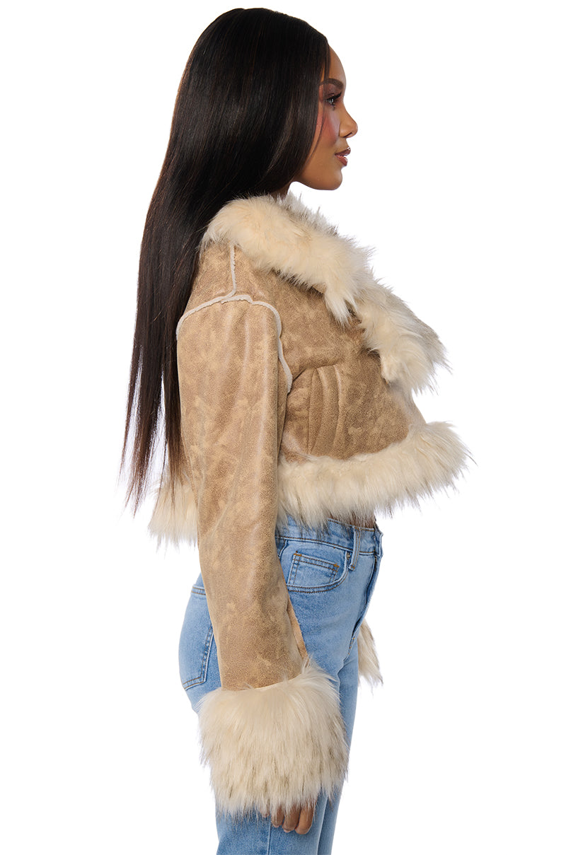 ROWLAND DISTRESSED FAUX LEATHER MOTO WITH FUR COLLAR