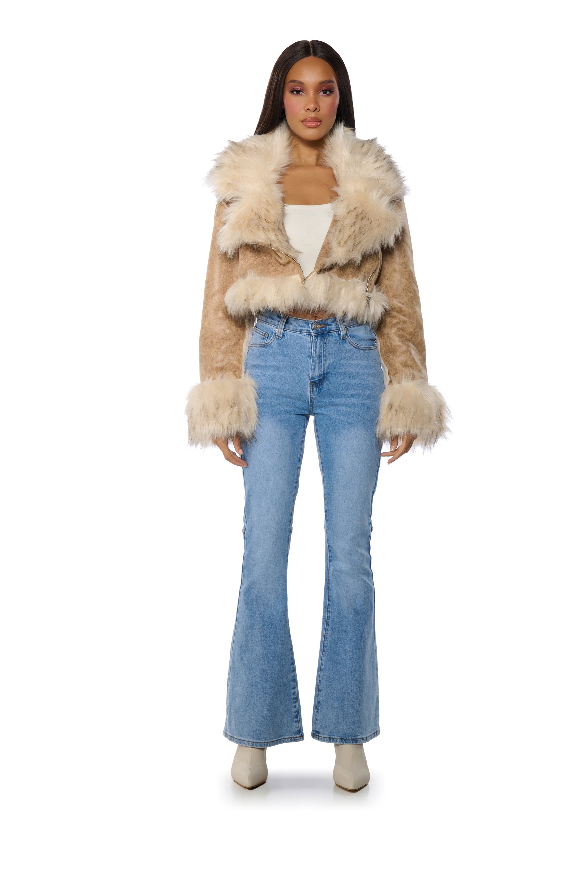 ROWLAND DISTRESSED FAUX LEATHER MOTO WITH FUR COLLAR