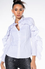 KELLY RUFFLE SLEEVE BUTTON DOWN BLOUSE