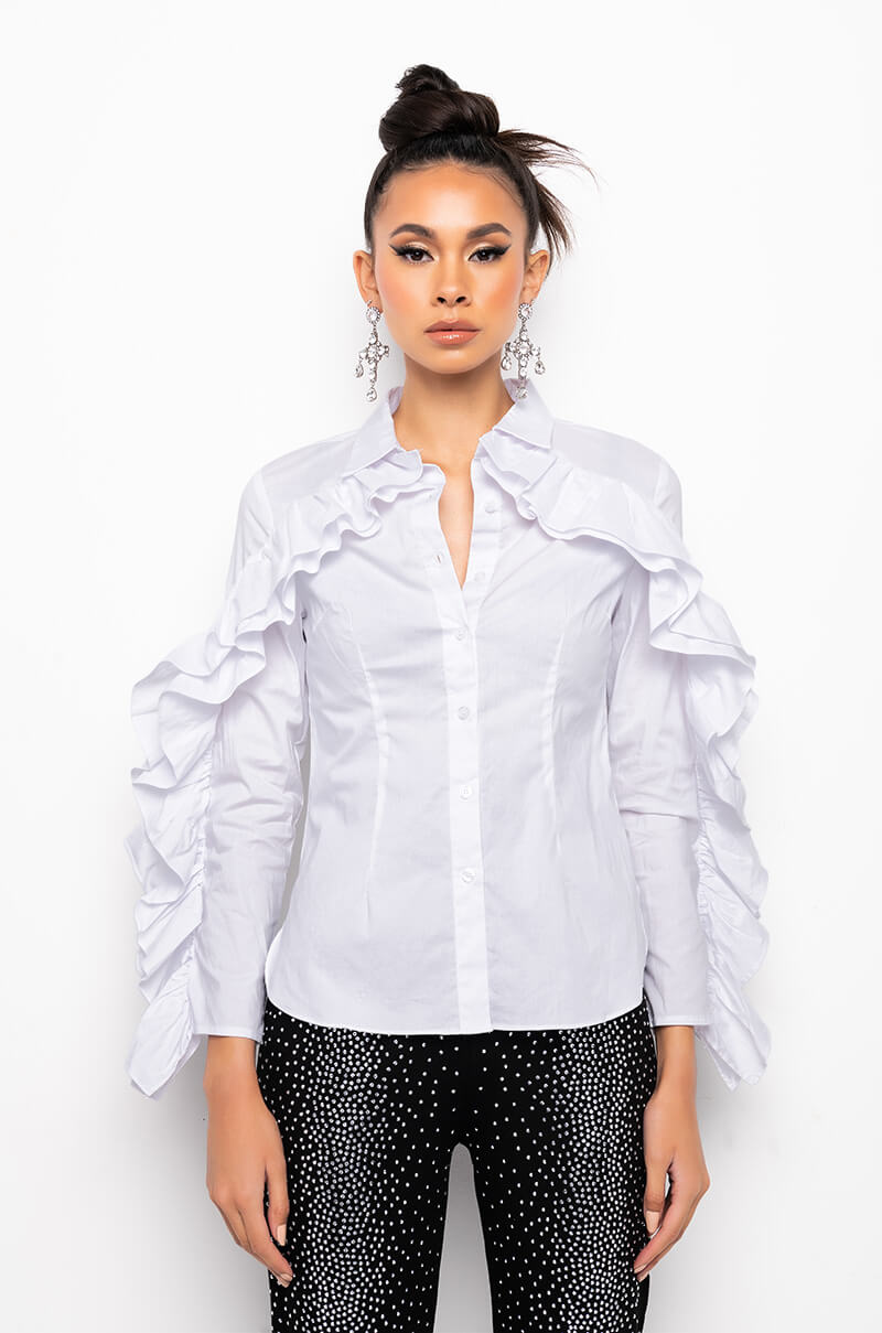 KELLY RUFFLE SLEEVE BUTTON DOWN BLOUSE