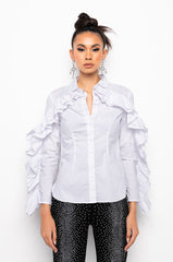 KELLY RUFFLE SLEEVE BUTTON DOWN BLOUSE
