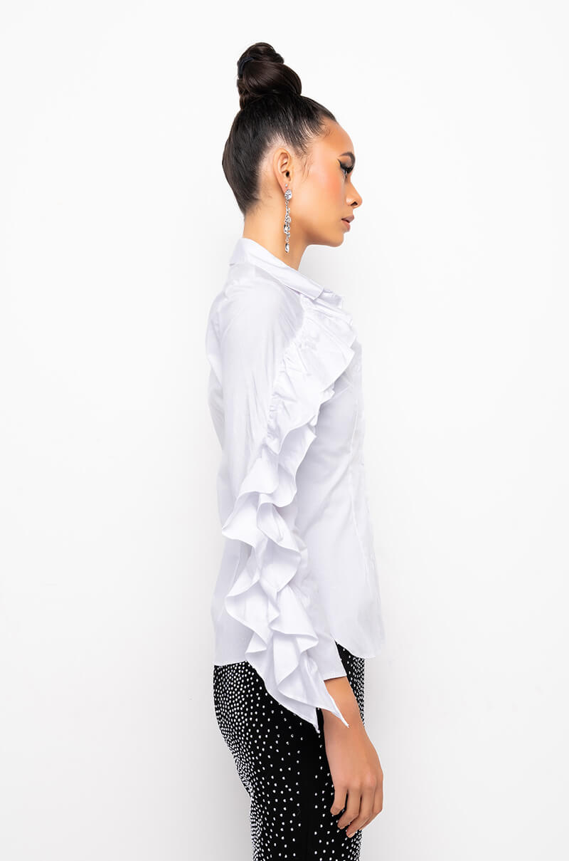 KELLY RUFFLE SLEEVE BUTTON DOWN BLOUSE