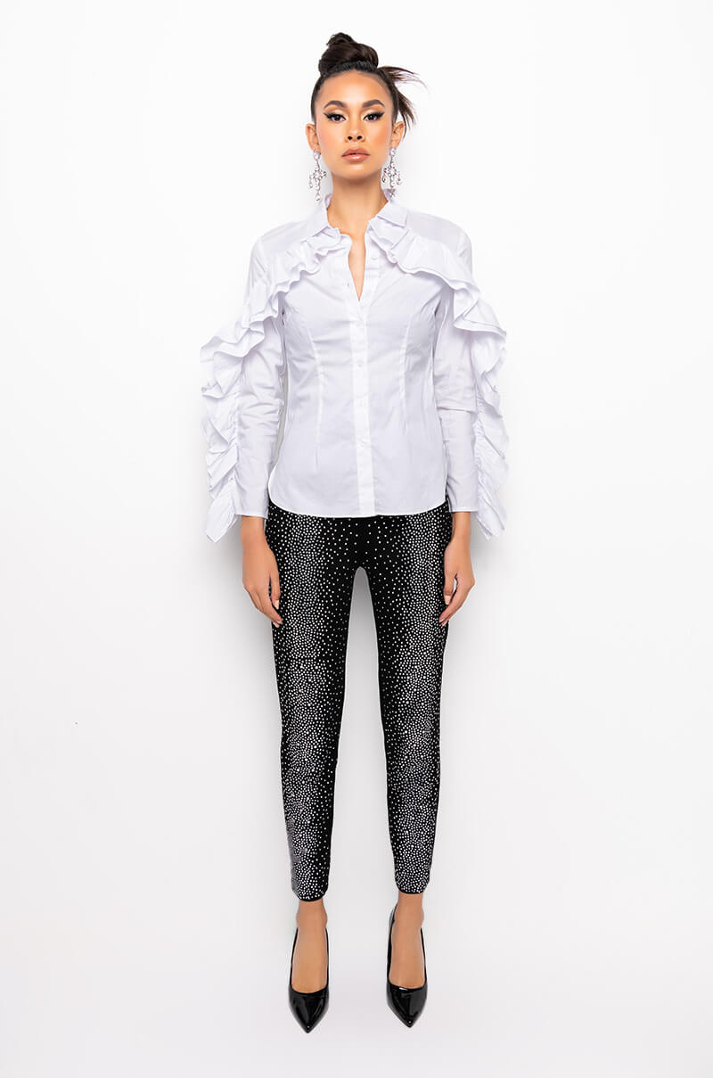 KELLY RUFFLE SLEEVE BUTTON DOWN BLOUSE