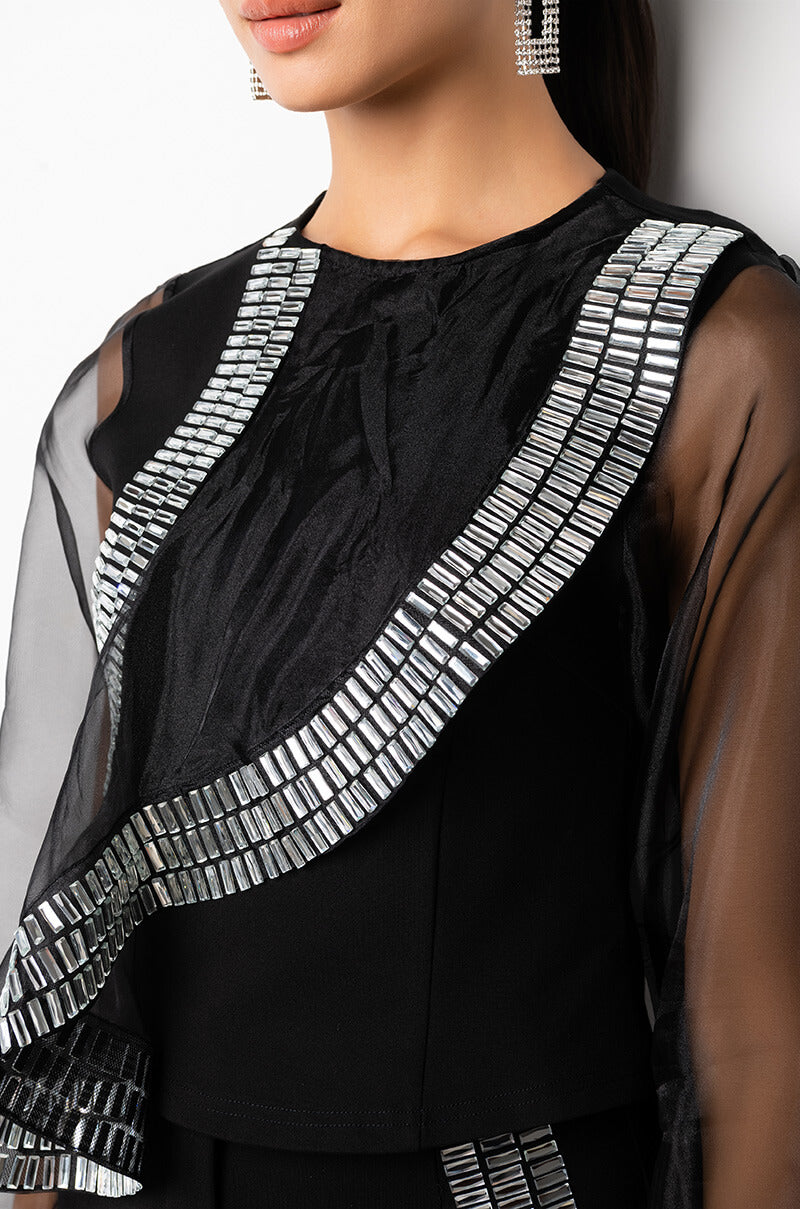 RUFFLE SOME FEATHERS ORGANZA RHINESTONE RUFFLE BLOUSE