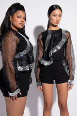 RUFFLE SOME FEATHERS ORGANZA RHINESTONE RUFFLE BLOUSE