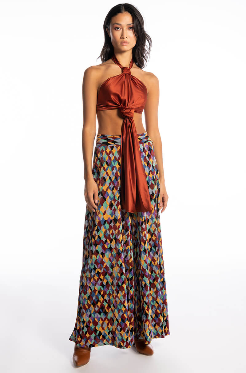 RULES DON'T APPLY SLEEVELESS CROPPED SATIN HALTER BLOUSE