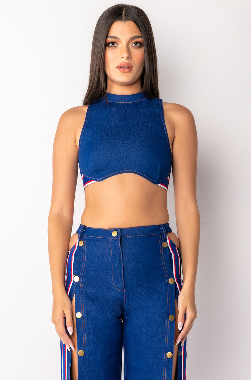 RUN IT UP CROPPED DENIM TOP