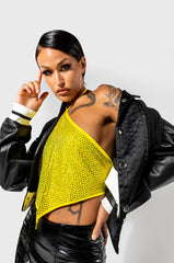 SATURDAZE RHINESTONE HALTER CROP TOP