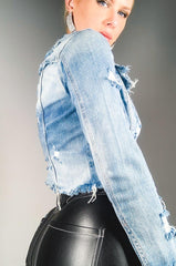 SAY MY NAME DISTRESSED CROPPED DENIM JACKET