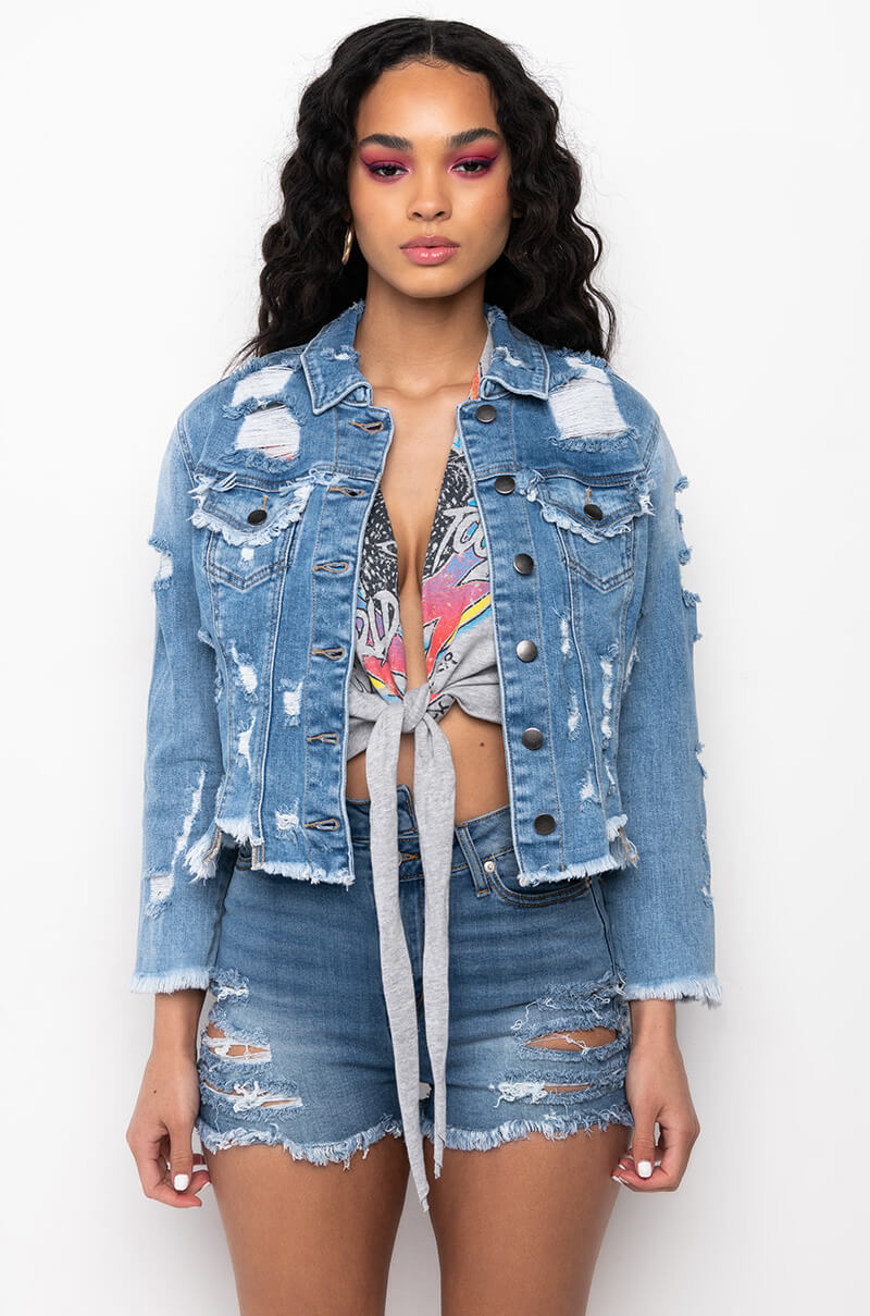 SAY MY NAME DISTRESSED CROPPED DENIM JACKET