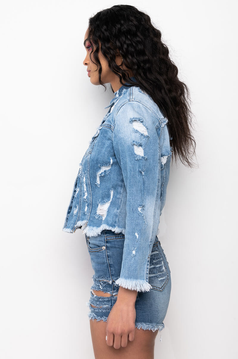 SAY MY NAME DISTRESSED CROPPED DENIM JACKET