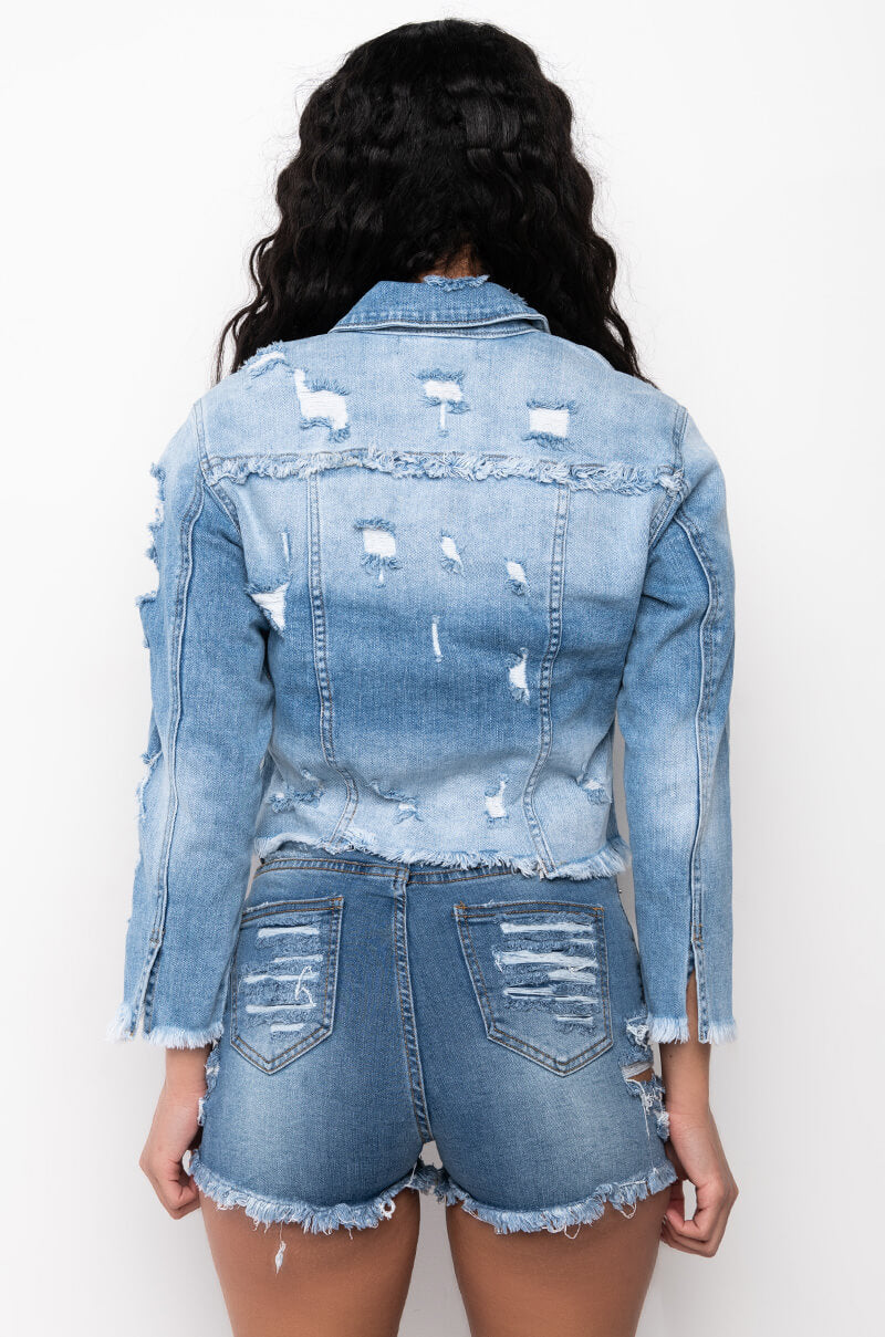 SAY MY NAME DISTRESSED CROPPED DENIM JACKET