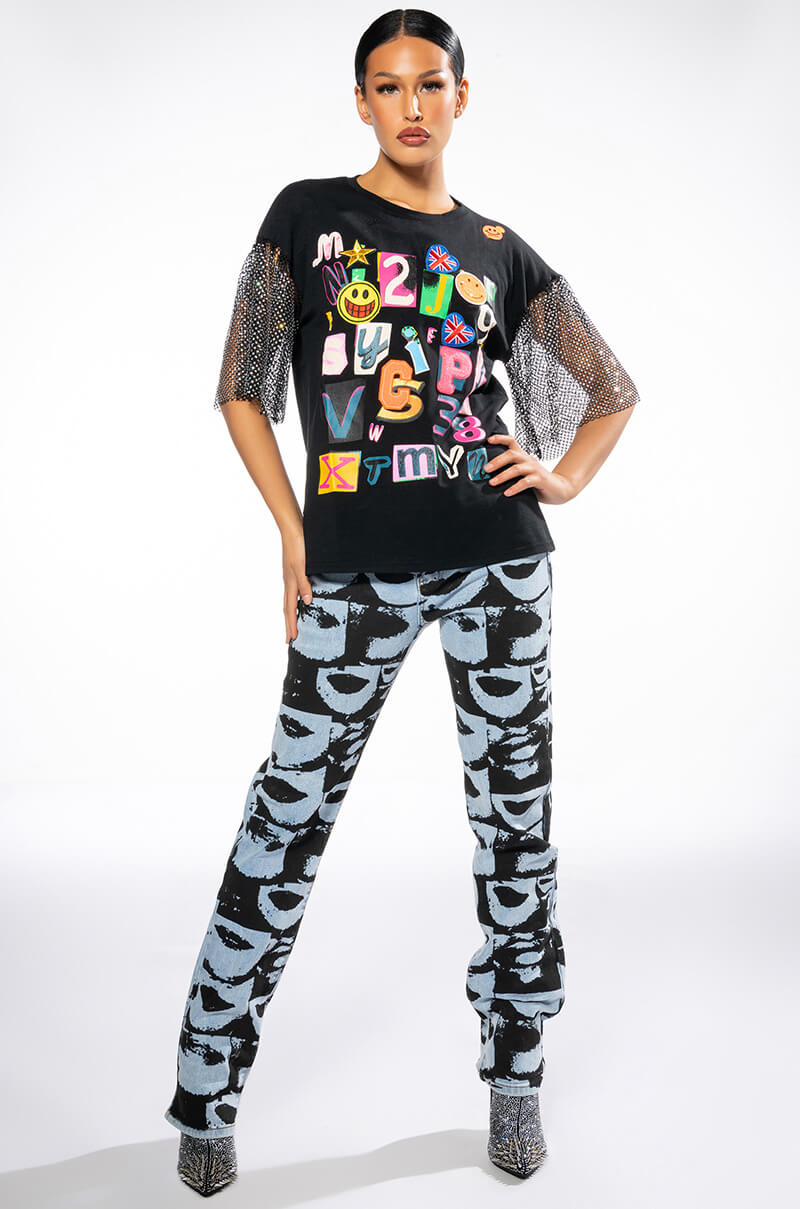 SCRAPBOOK EMBELLISHED SLEEVES TSHIRT