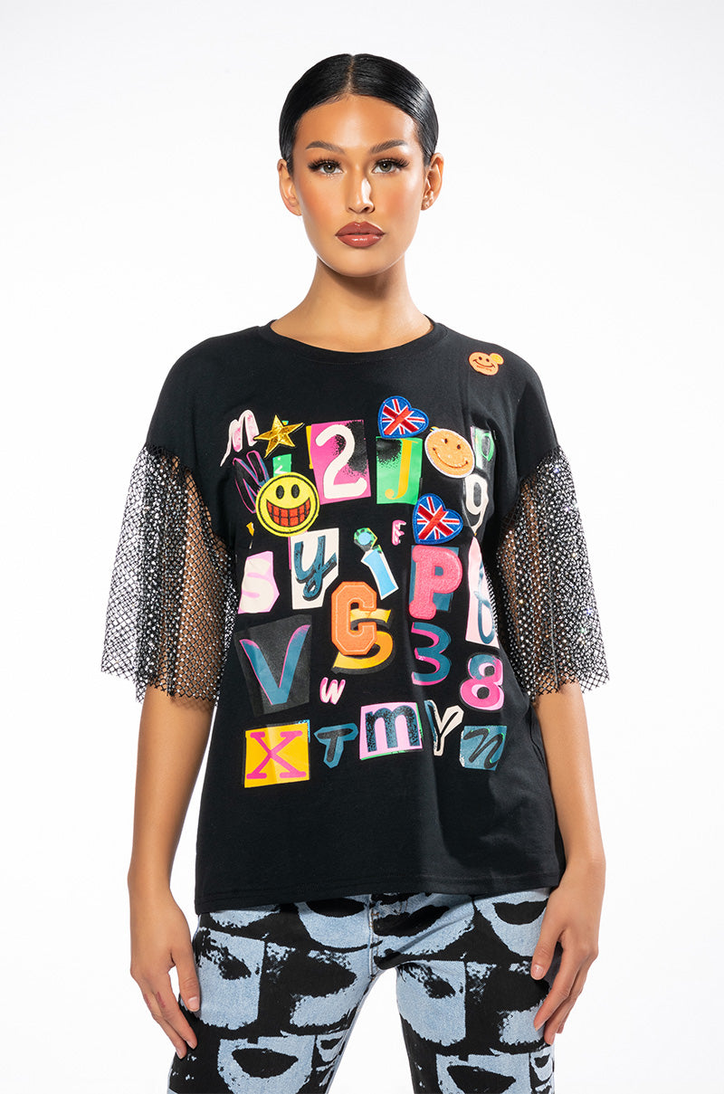 SCRAPBOOK EMBELLISHED SLEEVES TSHIRT