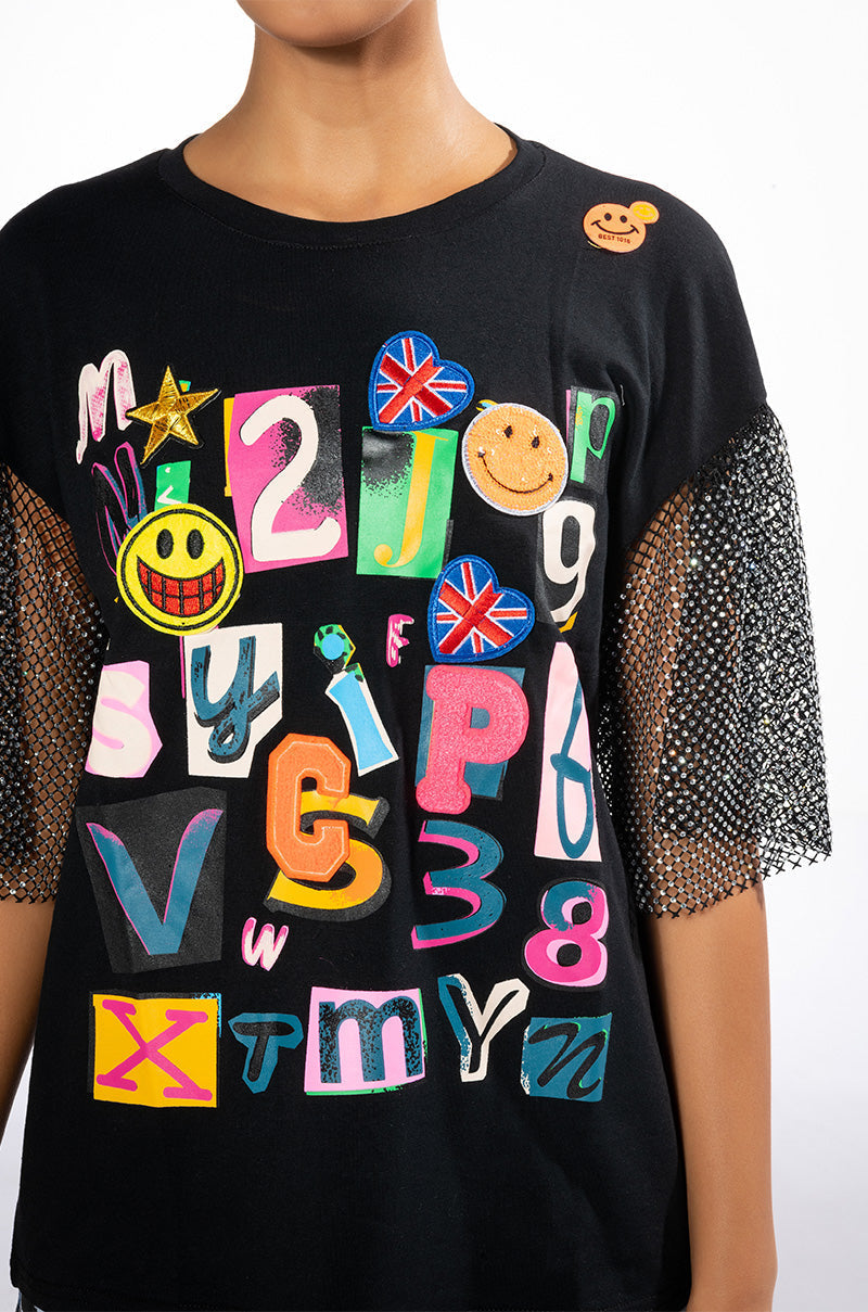 SCRAPBOOK EMBELLISHED SLEEVES TSHIRT