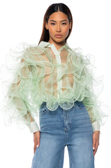SEE THE GLOW RUFFLE SHEER BLOUSE IN GREEN