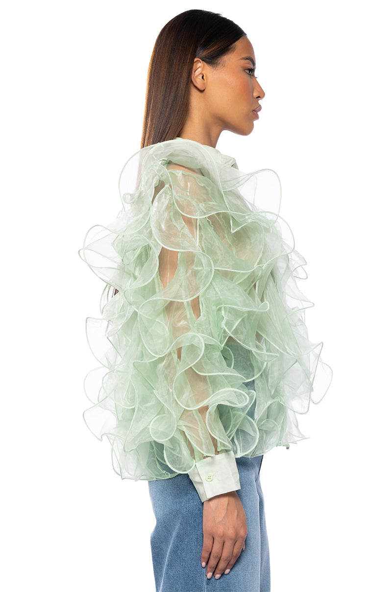 SEE THE GLOW RUFFLE SHEER BLOUSE IN GREEN