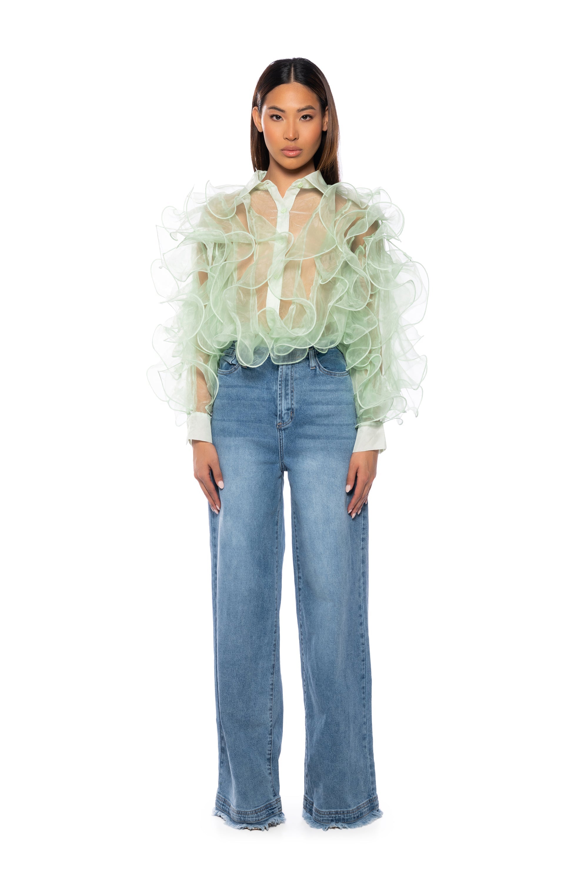 SEE THE GLOW RUFFLE SHEER BLOUSE IN GREEN