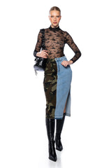 SEEING DOUBLE DENIM MIDI SKIRT