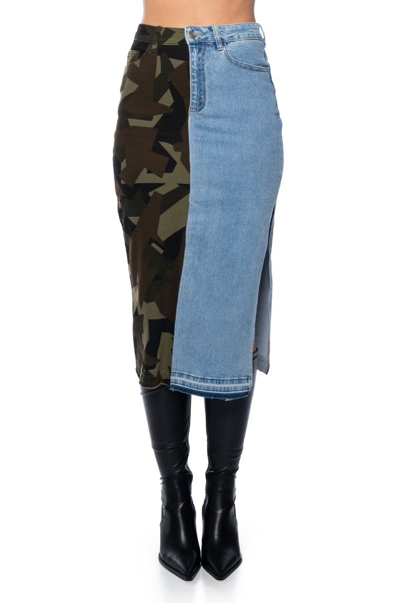 SEEING DOUBLE DENIM MIDI SKIRT