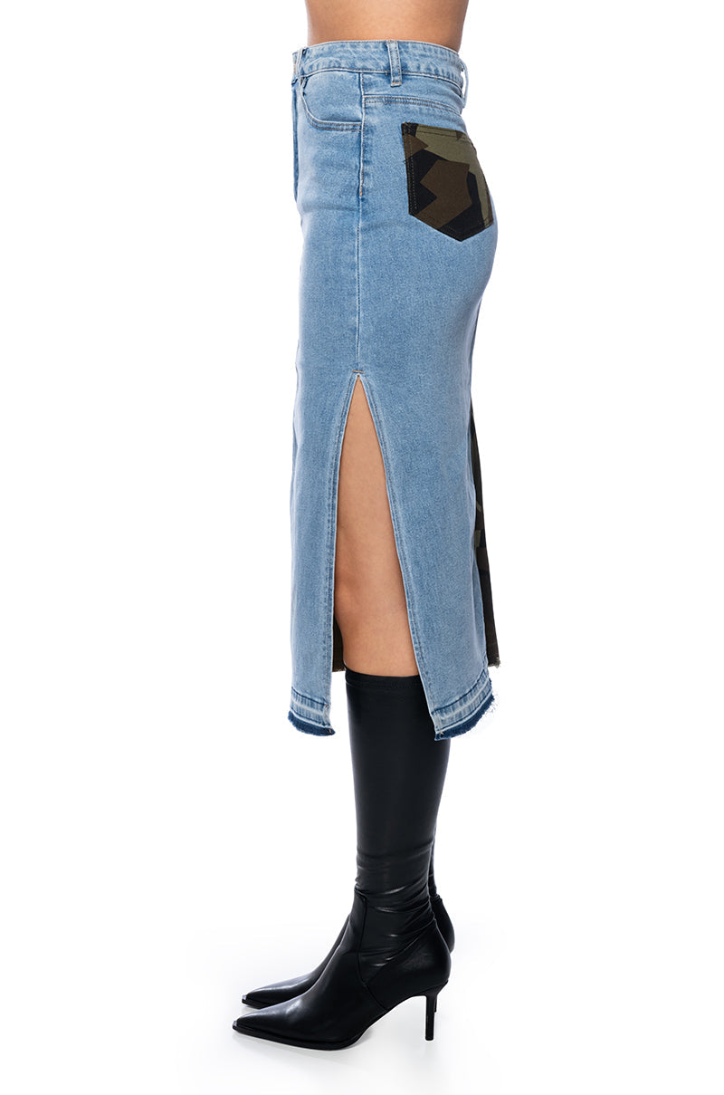 SEEING DOUBLE DENIM MIDI SKIRT