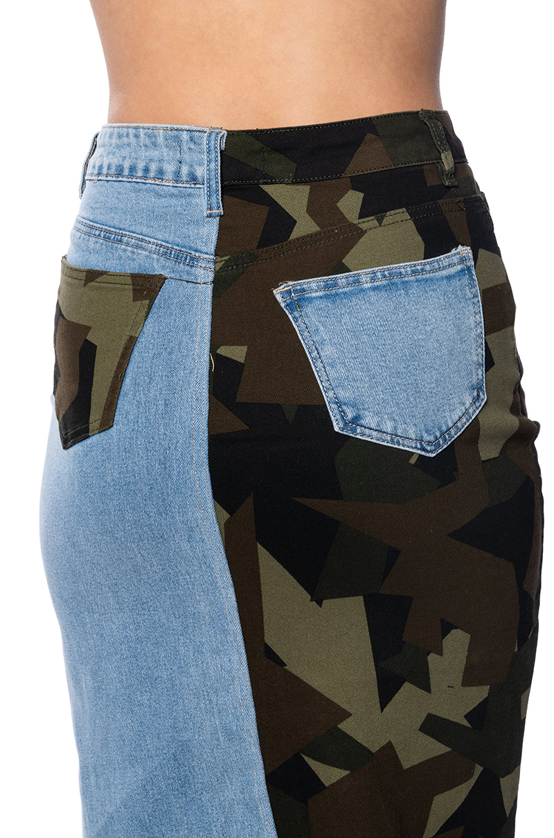 SEEING DOUBLE DENIM MIDI SKIRT