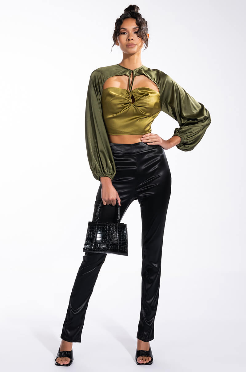 SEEING GREEN BLOUSON SLEEVE CUTOUT SATIN BLOUSE