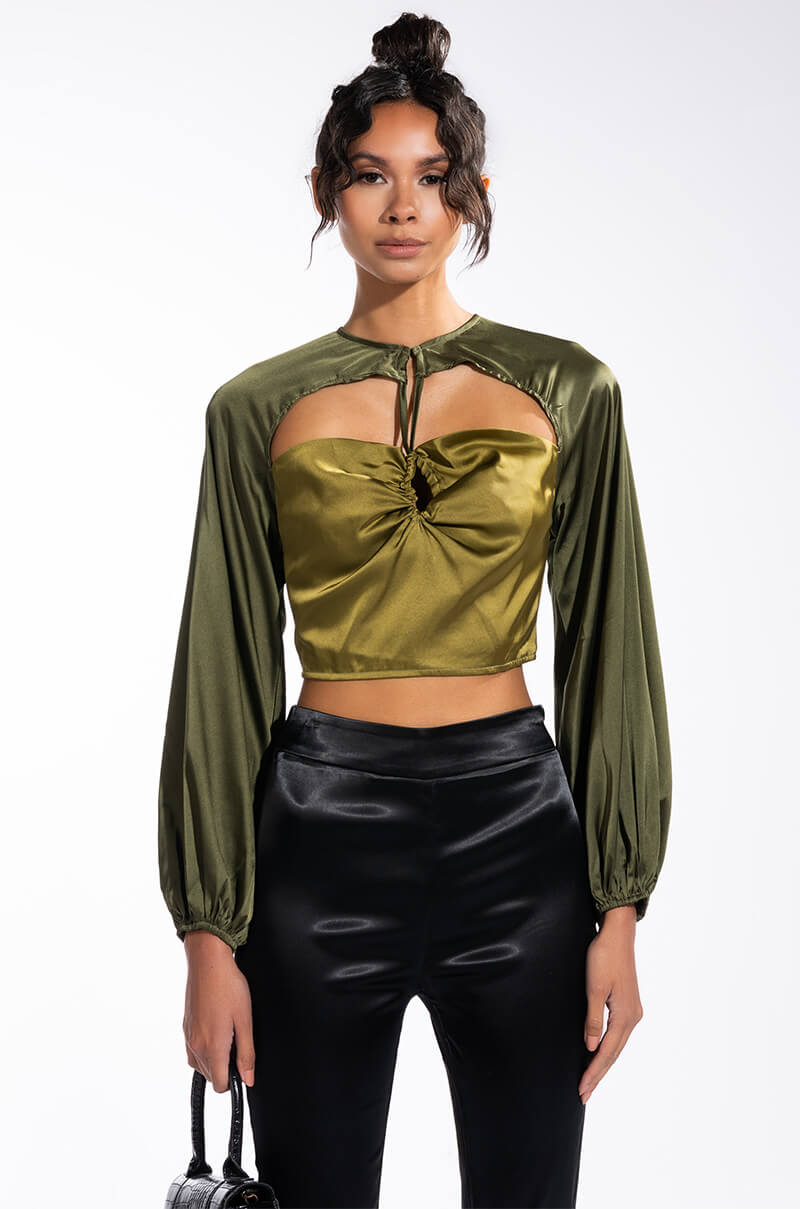 SEEING GREEN BLOUSON SLEEVE CUTOUT SATIN BLOUSE