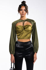 SEEING GREEN BLOUSON SLEEVE CUTOUT SATIN BLOUSE