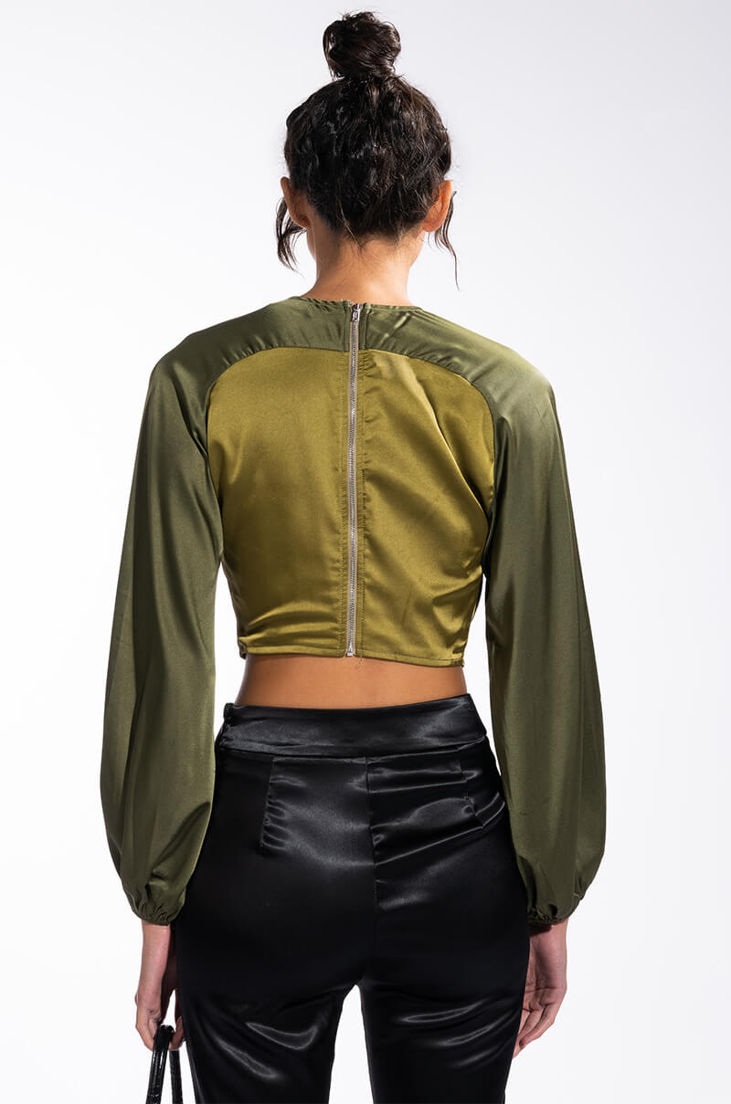 SEEING GREEN BLOUSON SLEEVE CUTOUT SATIN BLOUSE
