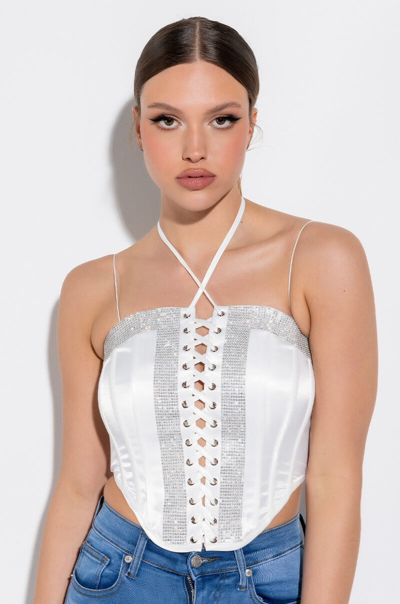 SELF CONTROL LACE UP RHINESTONE SATIN CORSET