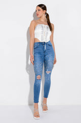 SELF CONTROL LACE UP RHINESTONE SATIN CORSET