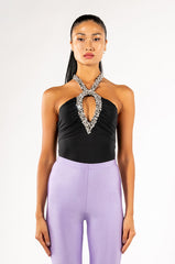 SENSATION RHINESTONE CUTOUT HALTER BODYSUIT