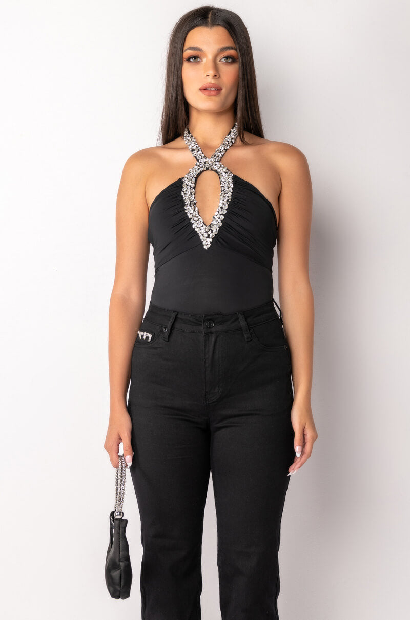 SENSATION RHINESTONE CUTOUT HALTER BODYSUIT