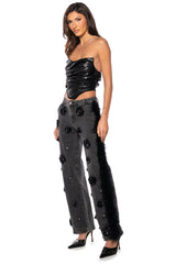 VELVET ROSES APPLIQUE FEATHERED JEANS