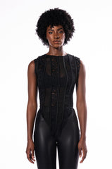 SEXY LACE PANEL SLEEVELESS MESH BLOUSE