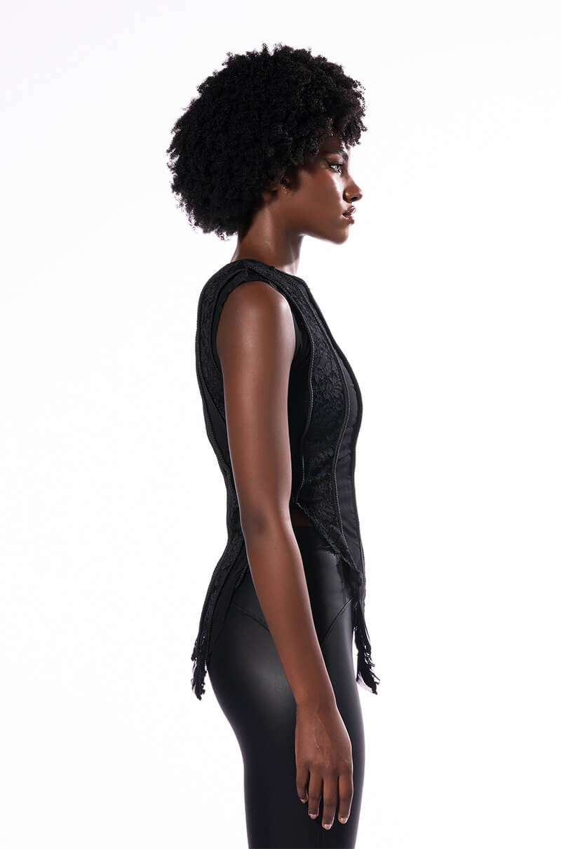 SEXY LACE PANEL SLEEVELESS MESH BLOUSE